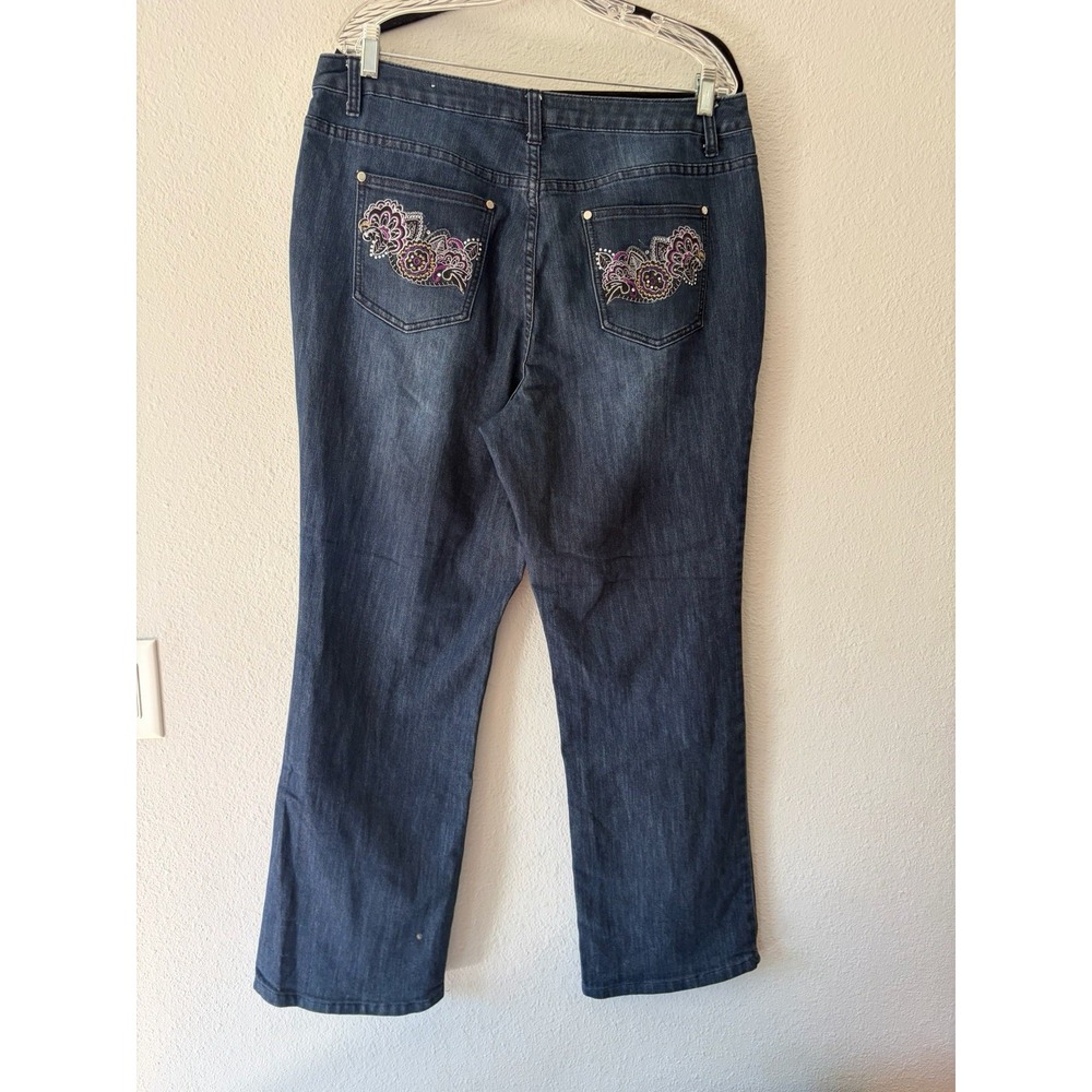 CJ Banks Denim Jeans Dark Wash Mid Rise Embroidery Rhinestone Straight Size 14
